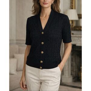 St. John Basics Black Short Sleeve Knit Cardigan Gold Buttons P
